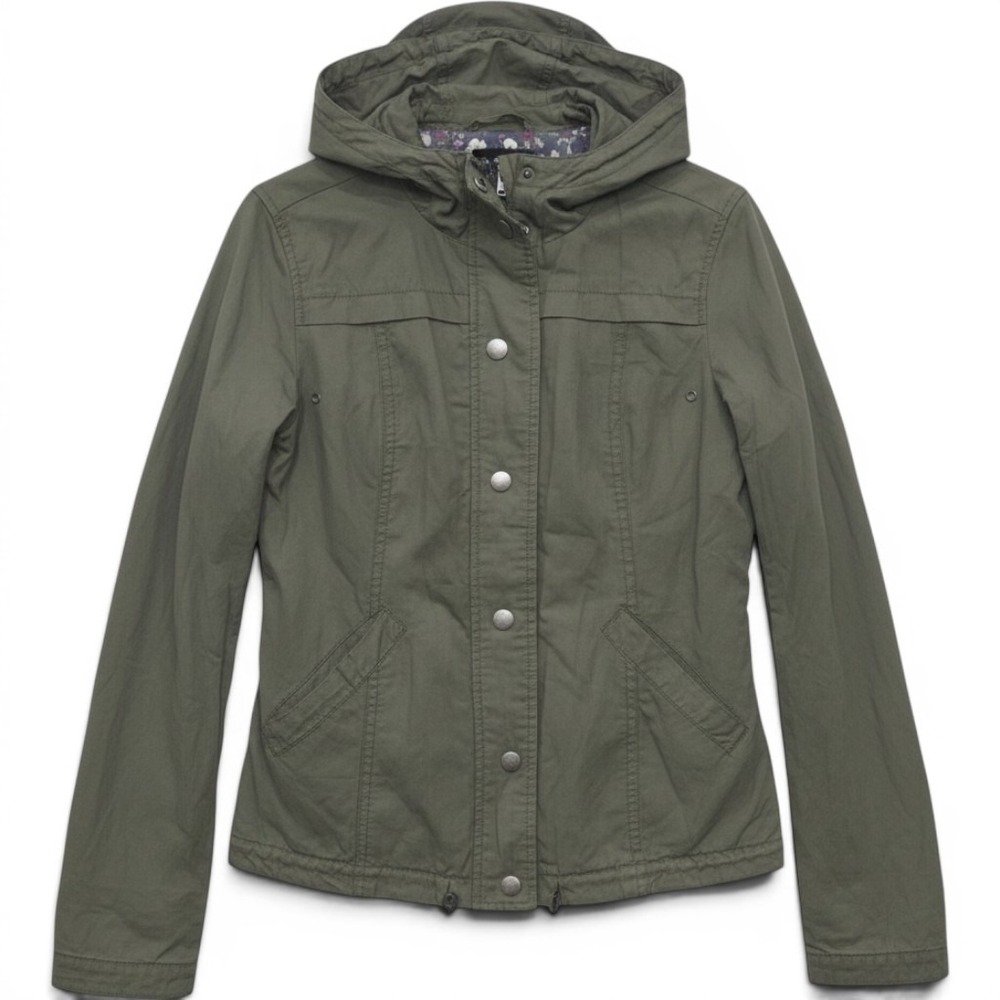 Aeropostale Womens XS Olive Green‎ Hooded Utility Jacket Floral Lining Full Zip